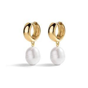 San Tropez Huggie Hoop Earrings - 14kt Gold Plated Pearl Earrings, Lightweight Earrings for Women, All Occasions