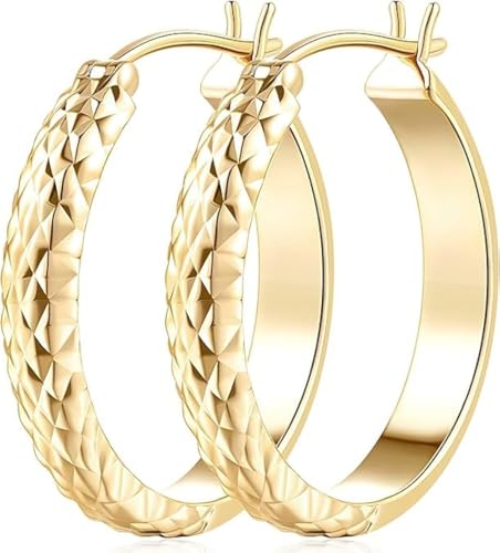 14K Gold Hoop Earrings for Women Gold Earrings for Women Trendy 14 Karat Gold Hoop Earring for Women Hoops Unique Pattern Womens Hoops Earring 25mm