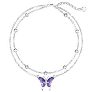 Diamond Butterfly Anklets for Women 925 Sterling Silver Animal Lover Double Layer Ankle Bracelet Jewelry Gift for Mom Wife Sister Friend,9"+2"