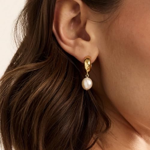 San Tropez Huggie Hoop Earrings - 14kt Gold Plated Pearl Earrings, Lightweight Earrings for Women, All Occasions - Image 3