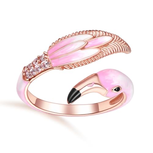 Flamingo Ring for Women 925 Sterling Sliver Animal Rose Gold Ring Cubic Zirconia Adjustable Rings Jewelry Pink Flamingo Gifts