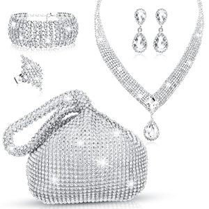 5 Pcs Silver Clutch Purses for Women Evening Rhinestone Jewelry Set Bling Clutch Purse Bag Rhinestone Necklace Ring Bracelet Earring for Women Party Wedding Bride Jewelry (Triangle Style)